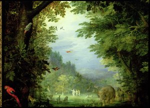 アースまたはアースリーパラダイス、神や他の動物とのアダムとイブのディテール、1899年の銅のディテールの1607-08オイル