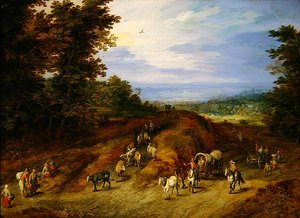 農民、カート、動物のいる風景（銅に油彩） 作： Jan the Elder Brueghel