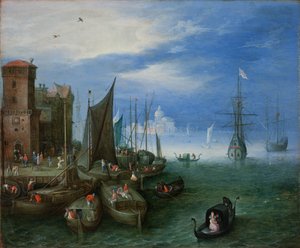 ヴェネツィアの港の風景（銅に油彩） 作： Jan the Elder Brueghel