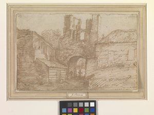 ブレデロード城の廃墟の外門（オフホワイトの紙にペンと茶色のインク） 作： Jan the Elder Lievens