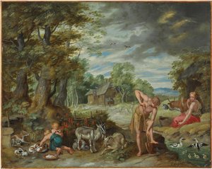 アダムとイブの物語から、フィールドで働いているアダム 作： Jan Brueghel the Younger