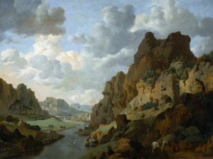 オランダ語：休憩する旅行者と山の風景 ロッキー山脈の風景。