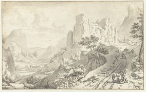 道路上の旅行者と山の風景