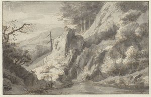 枯れた針葉樹のある山の風景 作： Jan van Aken