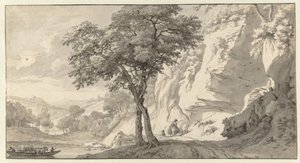 フェリーのある山の風景 作： Jan van Aken