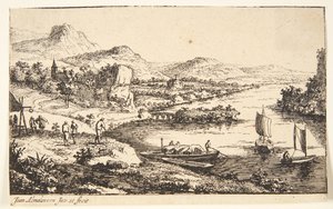 旅人のいる川の風景、th. バージ 1 隻と帆用ディンギー 2 隻 作： Jan van Almeloveen