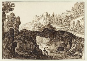 フォア グラウンドで 2 人の旅行者とロッキー山の風景 作： Jan van Almeloveen
