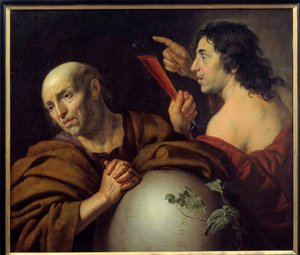 ヘラクライトとデモクリテス ギリシャの哲学者、エフェソのヘラクライト（ヘラクレイトス）（紀元前535-475年）とデモクリテス（デモクリトス）（紀元前460-370年）。ヤン・ファン・デイルート（1597-1671）による17世紀のユトレヒトの絵画。中央博物館 作： Jan van Bijlert or Bylert