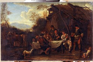 メリーミーティング（Merrymeeting）。 Jan Miel (1599-1664) の絵画。 フランダースのバロック様式の芸術。 キャンバスに油彩。 地域 I. クラムスコイ美術館、ヴォロネジ (ロシア、ヴォロネジ)。 作： Jan van Bike Miel