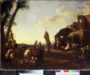 キリストの礼拝。 幼子キリストの礼拝。 Jan Miel (1599-1664) による絵画、1650 年代、キャンバスに油彩。 フランダースの芸術、バロック様式。 プーシキン美術館、モスクワ 作： Jan van Bike Miel