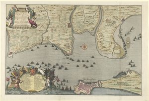 1702年のカディスでの連合軍の上陸と遠征の地図 8月26日から8月26日までオーモント公と少将とバロン・デ・スパー・シーダートによって行われたカンプメントとマルスを伴う、カディクスのためのディスサンテまたはスパンジエンへの着陸の計画 作： Jan van Call (I)