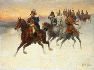 ロシア戦役中のネイ元帥とナポレオンとその軍隊（キャンバスに油彩）
