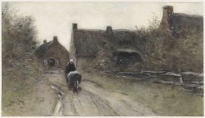 手押し車を持った女性との村の眺め 作： Jan van Essen