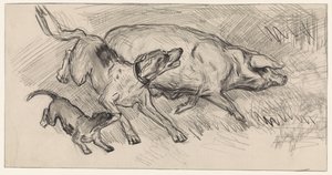 豚を追いかける二匹の犬 作： Jan van Essen