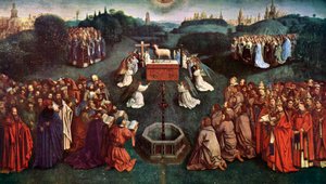 「神秘的な子羊の崇拝」、ゲントの祭壇画、1432年、c1900-1920。 作： Jan van Eyck