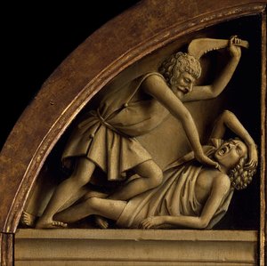 ゲントの祭壇画。 神秘の子羊の崇拝: カインはアベルを殺す, 1432. 作： ヤン・ファン・エイク