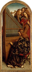 ゲントの祭壇画。 神秘的な子羊の崇拝：音楽を作る天使、1432年。 作： Jan van Eyck