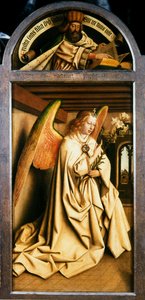 ゲントの祭壇画。 神秘的な子羊の崇拝：大天使ガブリエル、1432年。 作： Jan van Eyck
