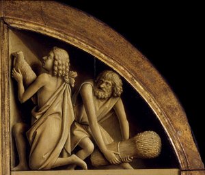 ゲントの祭壇画。 神秘の子羊の崇拝：カインとアベルの犠牲、1432年。 作： Jan van Eyck