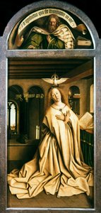 ゲントの祭壇画。 神秘的な子羊の崇拝：聖母受胎告知、1432年。 作： Jan van Eyck