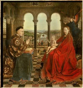 ロラン総長の聖母 ニコラ・ロラン（1376-1461）は、フィリップ・ル・ボンの下でブルゴーニュの総長を務め、1443年にはボーヌのホスピスを創設しました。ヤン・ファン・エイク（1390-1441）による絵画。15世紀の太陽。0.66x0.62 m パリ、-シャンクレールの聖母 R 作： Jan van Eyck