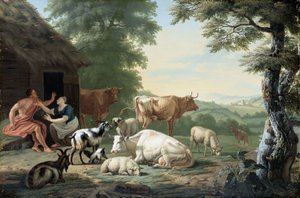 羊飼いと牛のいるアルカディアの風景 作： Jan van Gool