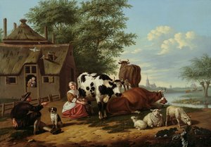 牧草地の牛（パネル） 作： Jan van Gool