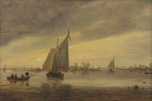シュマルシップや他のボートとハールレマーメールの日の出 作： Jan van Goyen