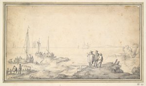 船で湾を見下ろす砂丘の 3 つの人物 作： Jan van Goyen
