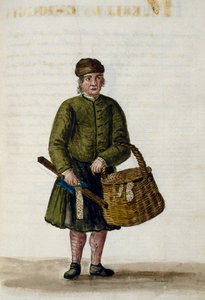 キオッジアンレースの売り子、ヤン・グレーベンブルック（1731-1807）の『ヴェネツィアの服』第4巻c.68の写本の挿絵、水彩、イタリア 作： Jan van Grevenbroeck