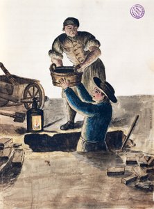 公共下水道の清掃、ヤン・グレーベンブルック（1731-1807）の「ヴェネツィア衣装図鑑」のイラスト、水彩、イタリア 作： Jan van Grevenbroeck