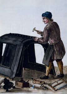 ゴンドラを組む人たち、ヤン・ファン・グレーベンブルック（1731-1807）のイラスト、イタリアの「ヴェネツィア人の衣装」写本より 作： Jan van Grevenbroeck