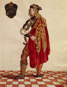 1564年のカルサ・コンフラタニティ（ストッキング）の騎士のスーツ、ヤン・ファン・グレーベンブロークまたはジョヴァンニ・グレーベンブローク（1731-1807）作、『Gli Abiti de Veneziani』、コスチューム図鑑より、水彩画 作： Jan van Grevenbroeck