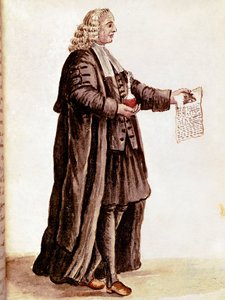 薬屋が小瓶と処方箋を手にしている様子 Jan van Grevenbroeck (or Giovanni Grevembroch (Grevenbroch)) (1731-1807)の手稿を水彩とインクで描いたもの。 作： Jan van Grevenbroeck