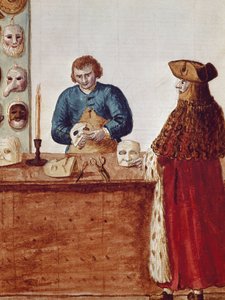 ヴェネツィアのカーニバルの仮面屋：仮面のキャラクターが職人から仮面を受け取りに来る Jan van Grevenbroeck (or Giovanni Grevembroch (Grevenbroch)) (1731-1807)の手稿からの水彩画とインク。