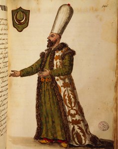 ヴェネツィアのトルコ大使、Giovanni di Grevembrochによる彩色彫刻、『Gli abiti de veneziani（ヴェネツィア人の衣装）』第2巻、プレート121より。