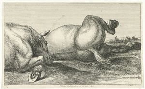 互いに後ろに横たわっている 2 頭の倒れた馬 落ち馬（シリーズタイトル） 作： Jan van Huchtenburg