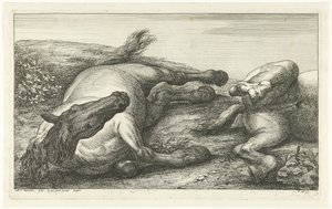 2頭の倒れた馬、正面から見た左 落ち馬（シリーズタイトル） 作： Jan van Huchtenburg