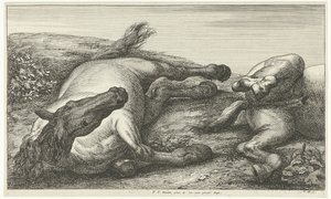 2頭の倒れた馬、正面から見た左 落ち馬（シリーズタイトル） 作： Jan van Huchtenburg