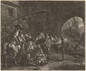 旅館の前にいる 2 人の子供と馬を持つ母親 作： Jan van Huchtenburgh