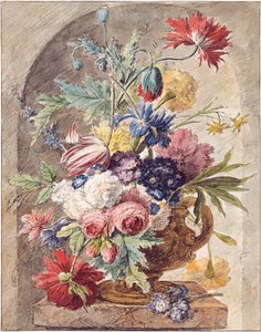 オランダ：ニッチの台座に置かれた耳付きの花瓶に入った花の静物 花の静物