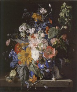 石の棚の上の花の静物とカタツムリ