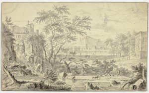 小川のそばの羊飼いと群れのいるイタリア風の風景、遠くの町 作： Jan van Huysum