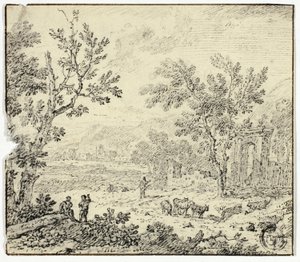 ヤギ、ヤギ飼い、廃墟のある風景 作： Jan van Huysum