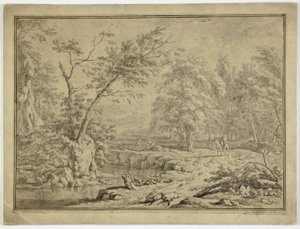 川沿いの羊飼いと馬に乗った人のいる風景 作： Jan van Huysum