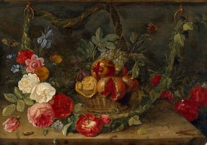 果実の入ったバスケットを持つ装飾的な静物画 17世紀半ば 作： Jan van Kessel