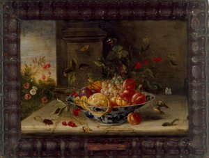 磁器のボウル、果物、昆虫を含む装飾的な静物画の構成、17世紀半ば 作： Jan van Kessel