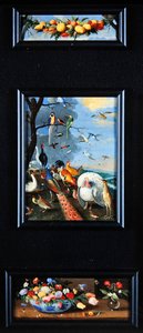 静物タブロー-果物のガーランド、さまざまな鳥、花束 作： Jan van Kessel the Elder