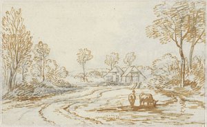羊飼いと牛のいる風景、背景に 2 つの家 作： Jan van Ravenswaay