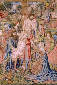フランダースのタペストリー。 シリーズ キリストの情熱: 十字架からの降下 (Kruisafneming, Descendimiento de la cruz)。 ピーター・ファン・アールスト社のマニュファクチュール。 漫画家ヤン・ヴァン・ルーム。 Ca 1507-1520。 詳細。 作： Jan van Roome